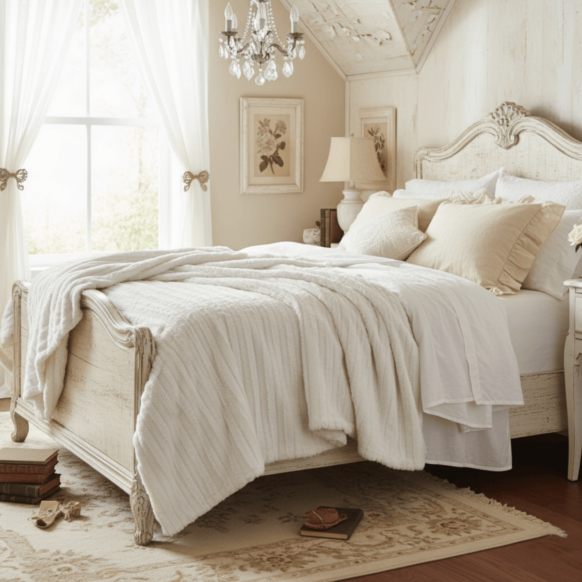 Faux fur sherpa throw blanket in white ivory draped over bed in elegant bedroom