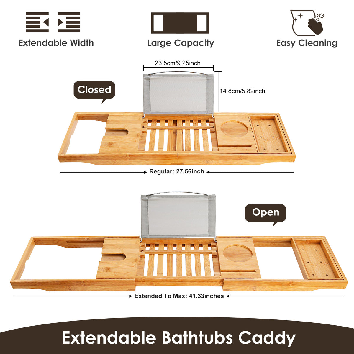 bamboo bathtub caddy with book holder extending from 27.56 to 41.33 inches with drink holder