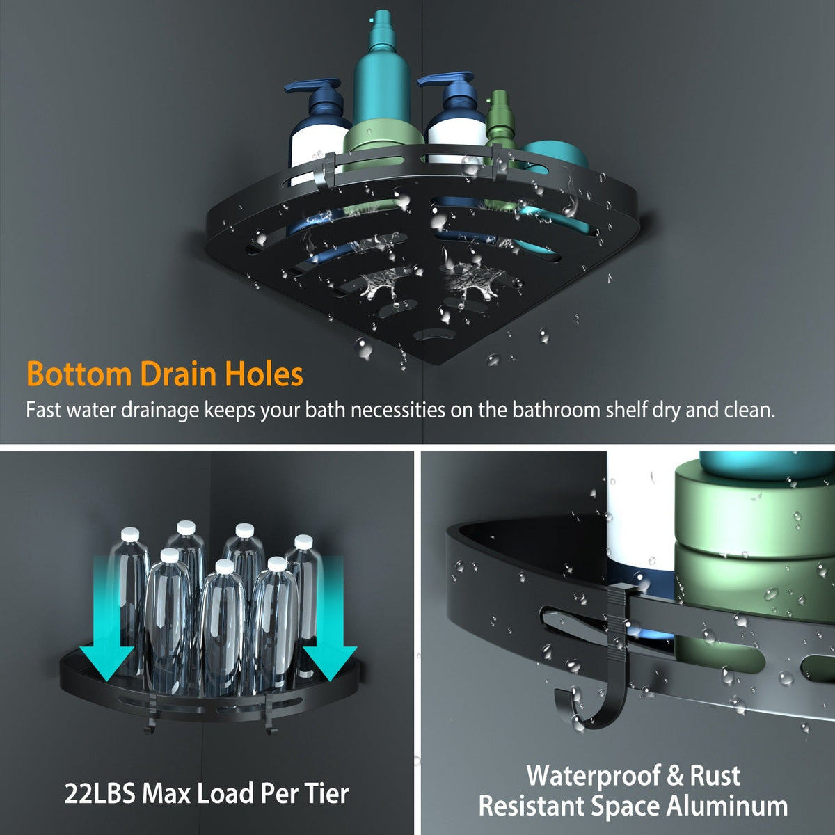 no-drill corner shower shelves with aluminum construction, drain holes, and 22lbs load capacity