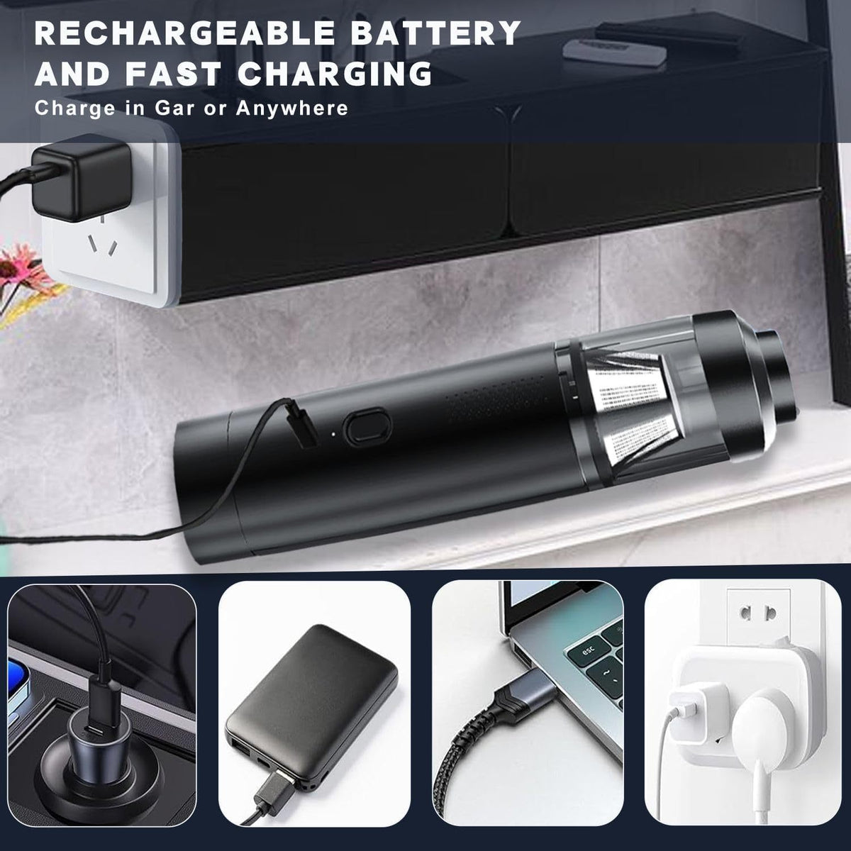 cordless handheld vacuum with USB-C charging featuring rechargeable battery and fast charging capability for car and home cleaning