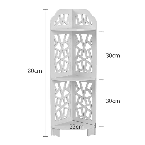 waterproof corner bathroom shelf with 3 open tiers and white PVC construction, dimensions shown