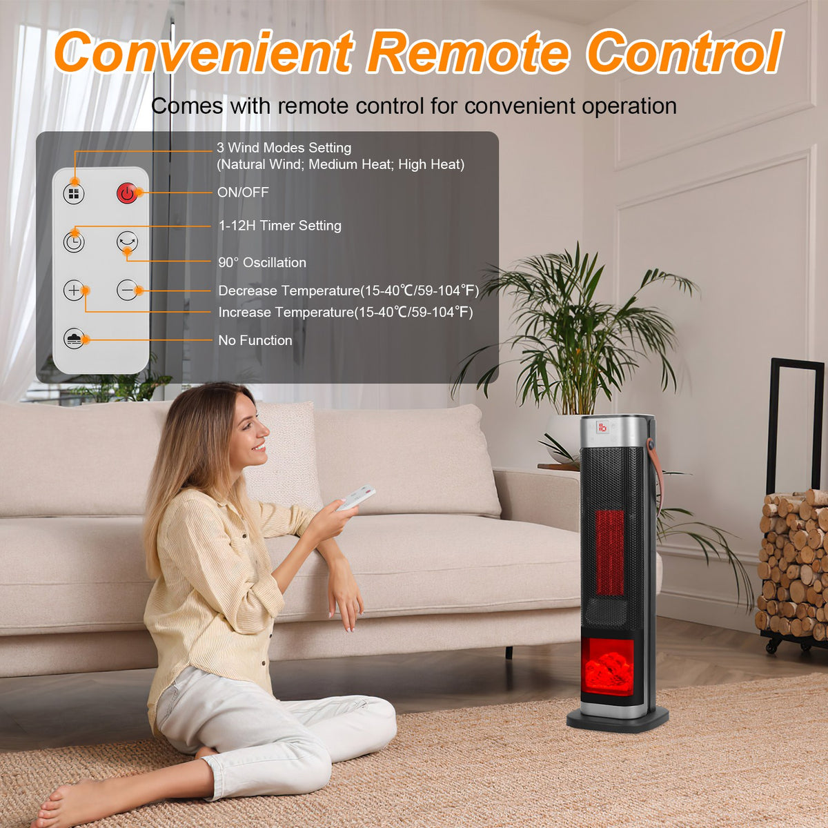 1500W ceramic tower heater with remote control featuring 3 wind modes, timer setting, and 90° oscillation