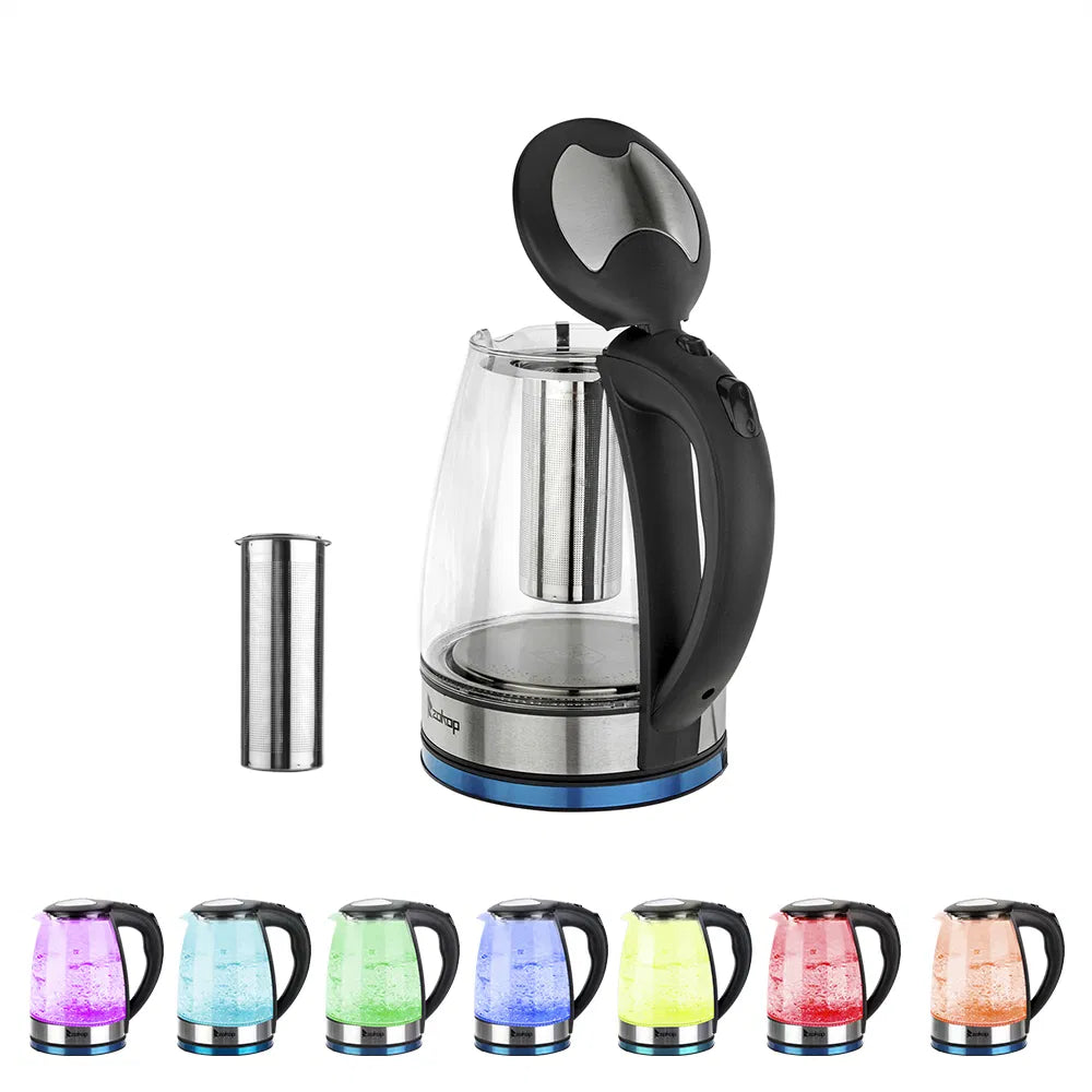 Glass electric kettle with lid open and removable tea infuser