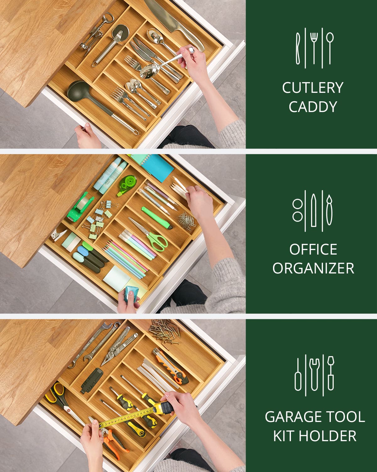 expandable bamboo drawer organizer with 9 slots organizing cutlery, utensils, and kitchen gadgets in drawer