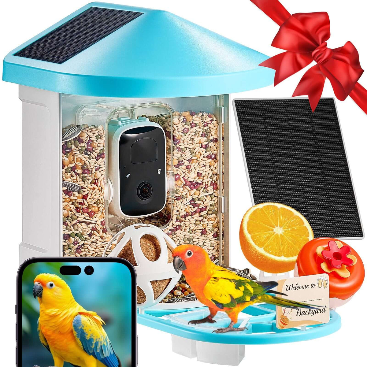 solar powered smart bird feeder with camera showing 2K lens and solar panel