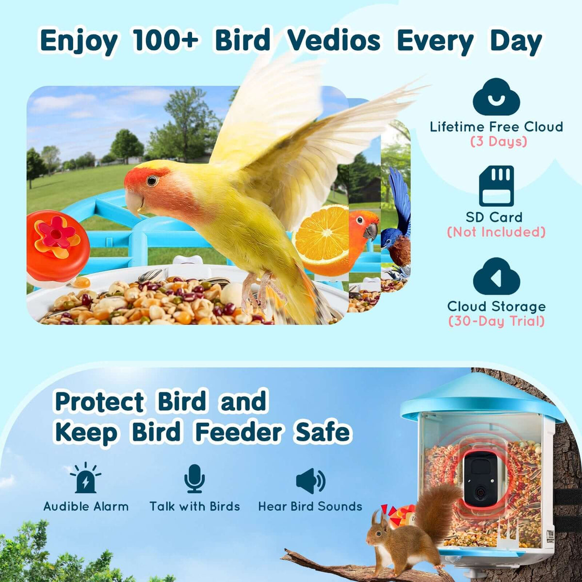 solar powered smart bird feeder with camera with 2K camera and cloud storage
