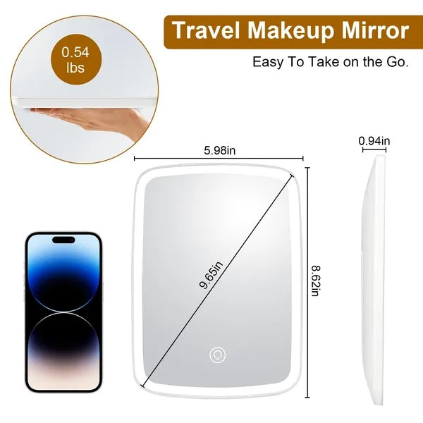 Rechargeable LED makeup mirror with 3 light modes, lightweight travel design at 0.54 lbs, portable dimensions shown with smartphone comparison