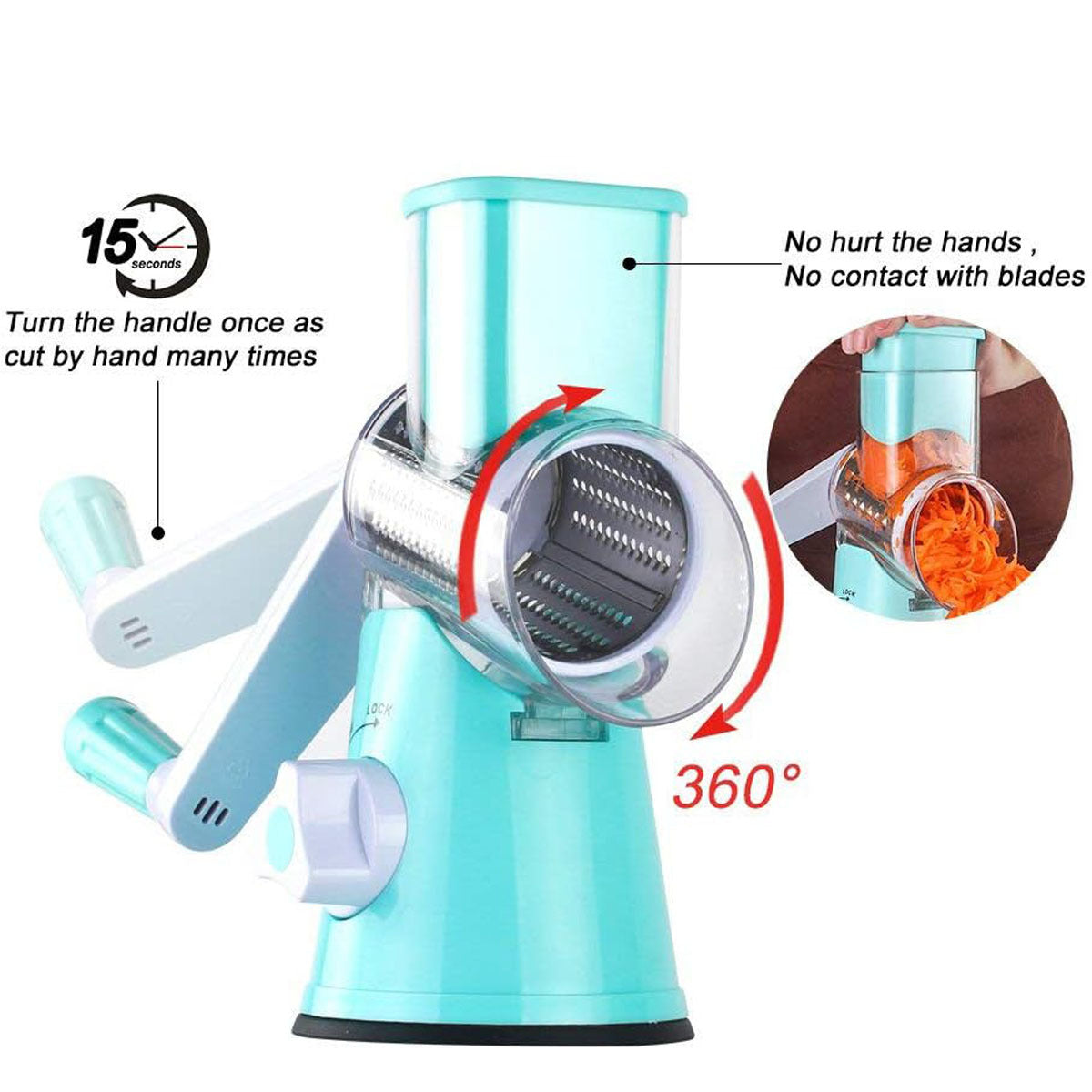 Mandoline vegetable slicer with rotating drum showing quick prep, safety guard, and multiple blade options for cheese and vegetables