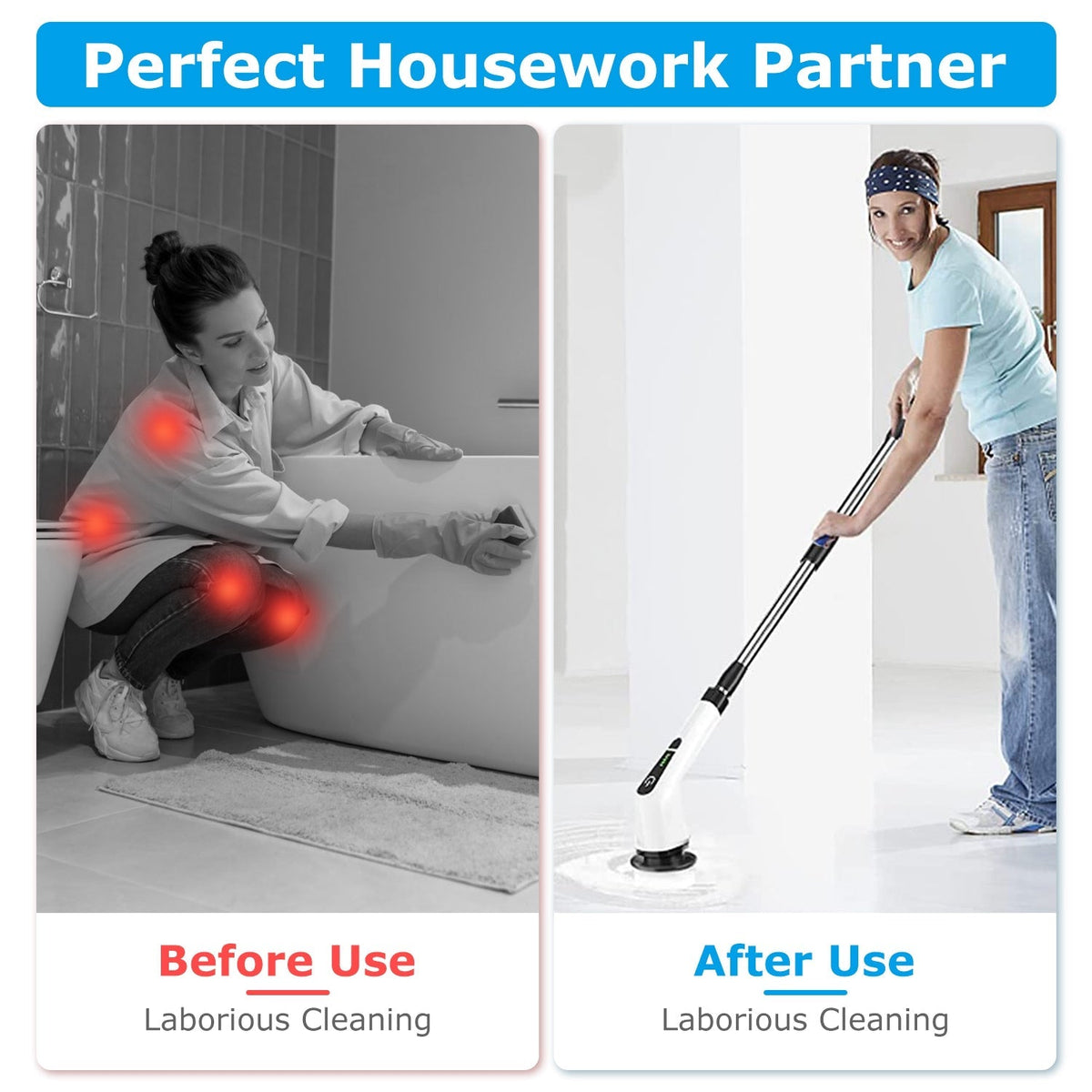 electric spin scrubber with long handle showing before and after cleaning bathroom, reducing strain on back and knees