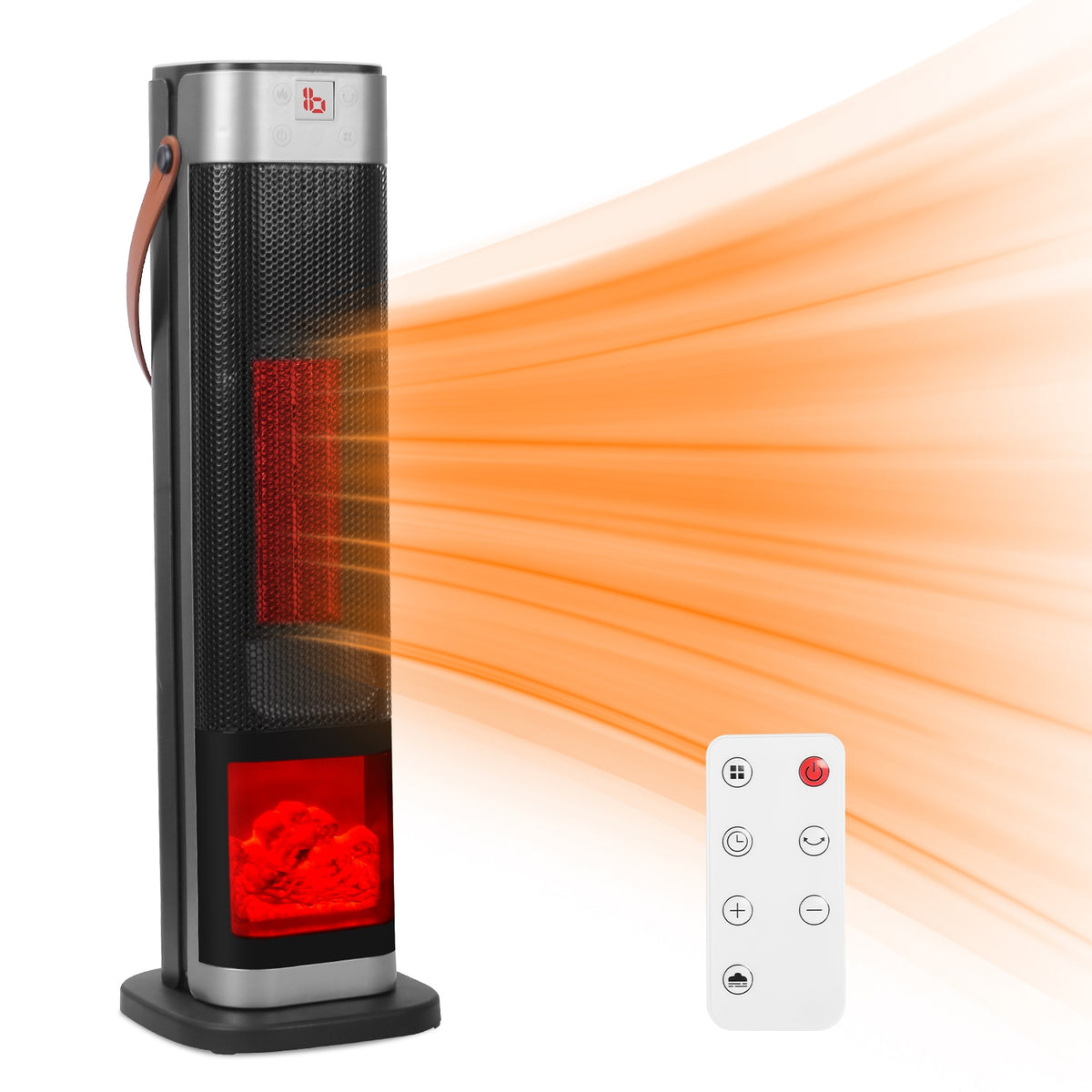1500W ceramic tower heater with remote control in black with flame effect and heat distribution
