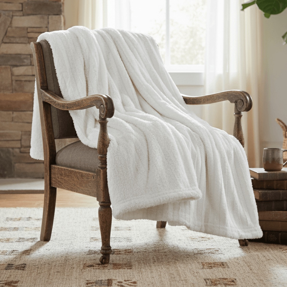 Ivory faux fur sherpa throw blanket draped over wooden armchair in bright living room