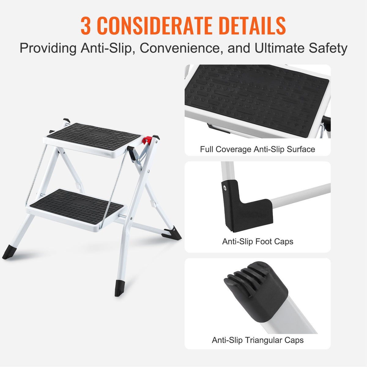 2-step folding steel step stool with non-slip steps showing anti-slip surface, foot caps, and triangular caps details