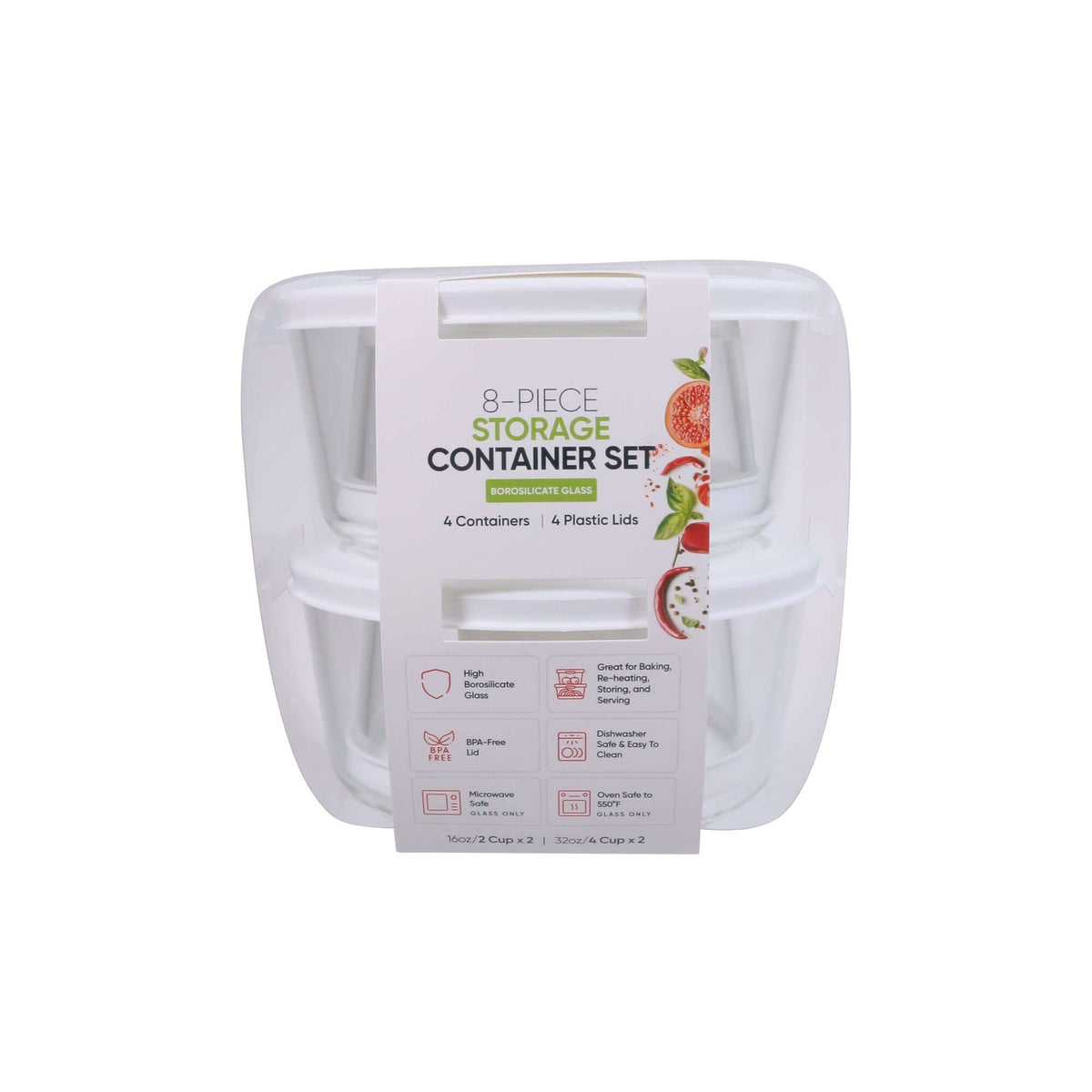 8-piece round glass storage container set with white lids in 16oz and 32oz sizes.