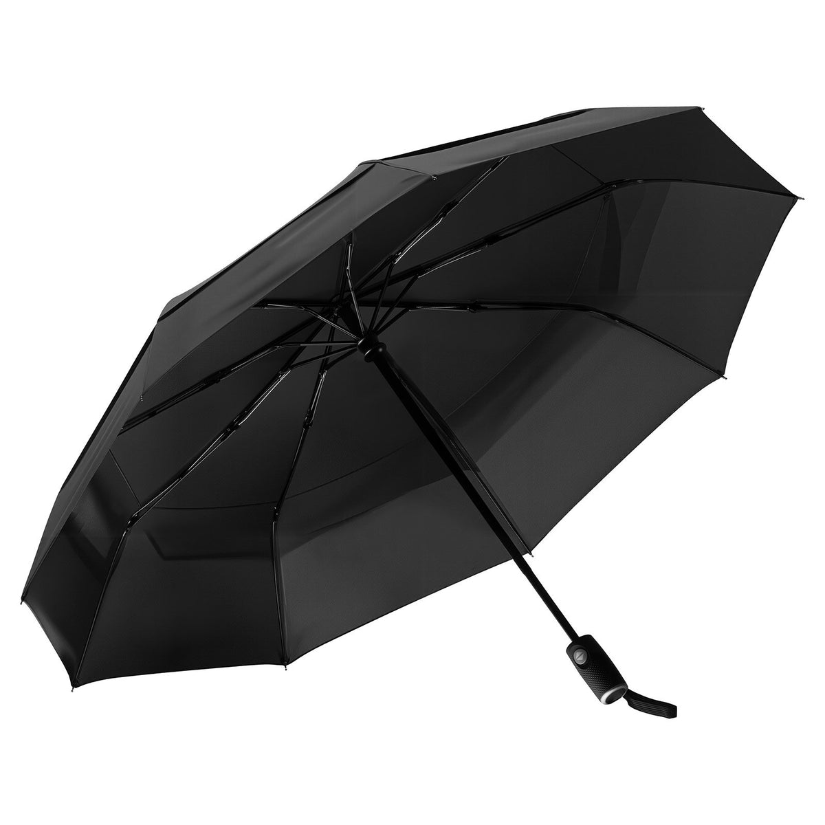 Black compact automatic travel umbrella with one-button open and close mechanism for convenient rain protection