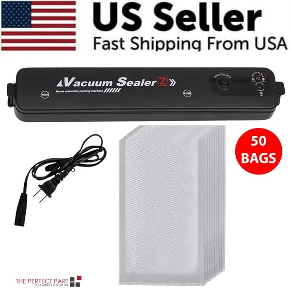 automatic vacuum sealer machine for food storage with US seller badge, power cord, and 50 vacuum sealing bags included