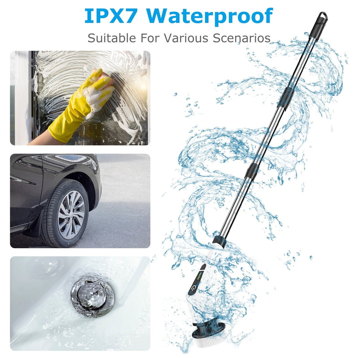 electric spin scrubber with long handle showing waterproof design for cleaning tub, walls and floors