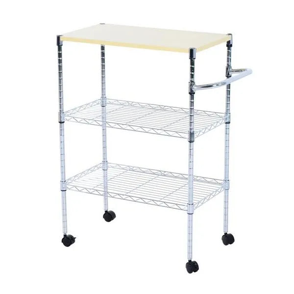 3-tier rolling kitchen cart with drawer featuring wood-look top, pull-out drawer, and wire storage baskets on wheels