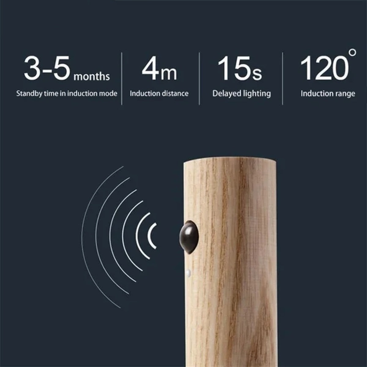 rechargeable motion sensor night light with wood finish showing motion detection range and sensor specifications