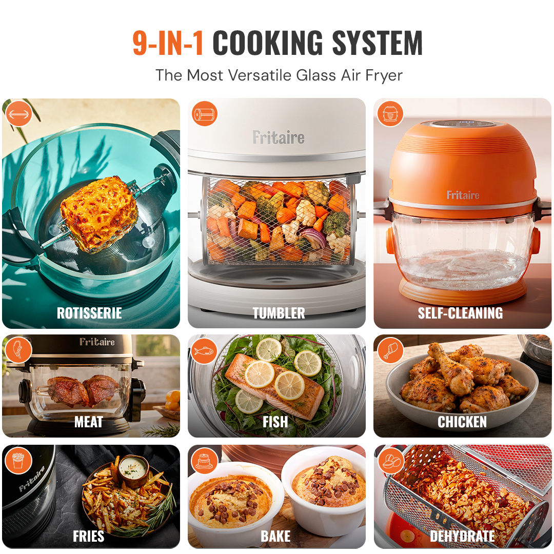 Versatile 9-in-1 cooking system showcasing self-cleaning air fryer features and meal options.