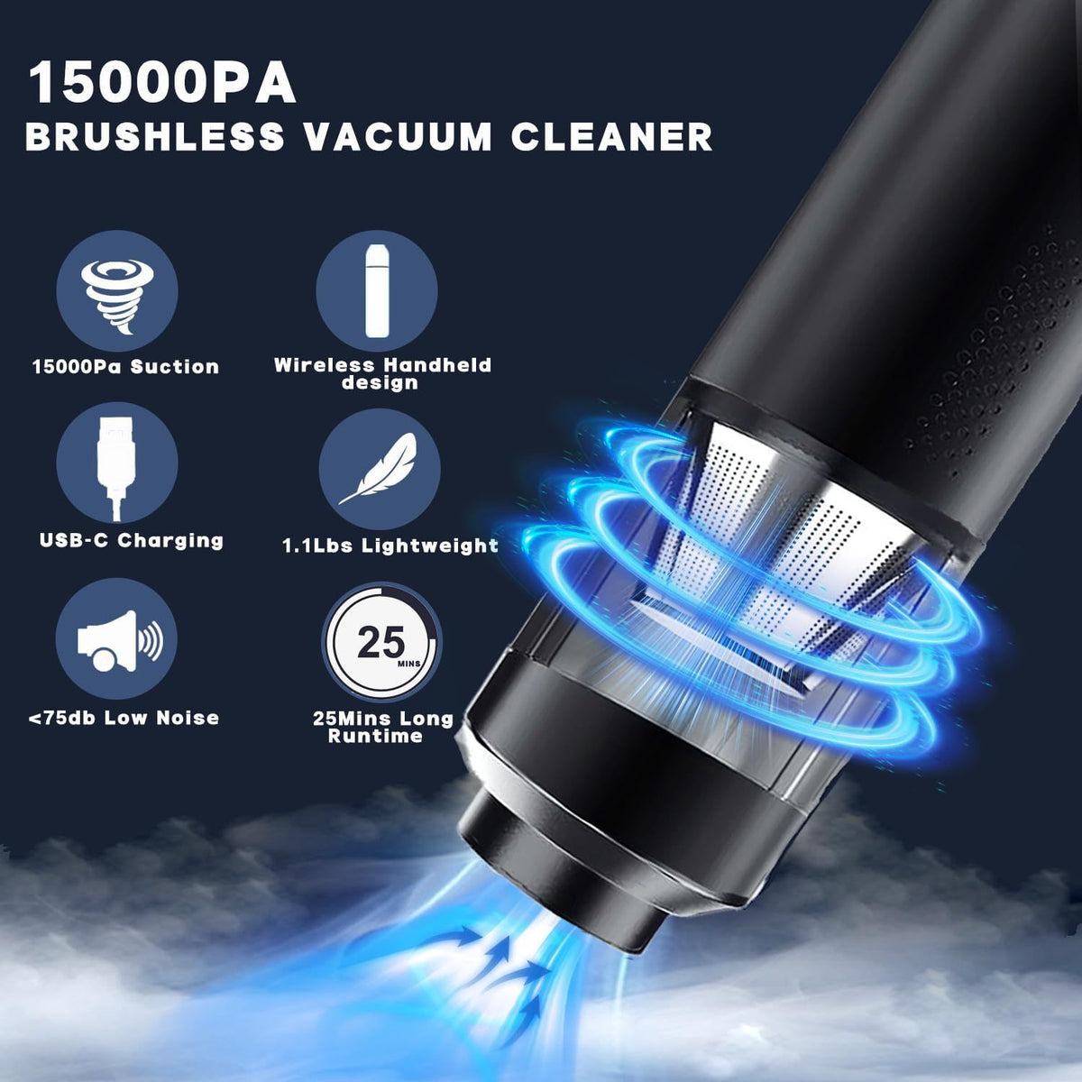 cordless handheld vacuum with USB-C charging 15000Pa brushless cleaner with wireless handheld design
