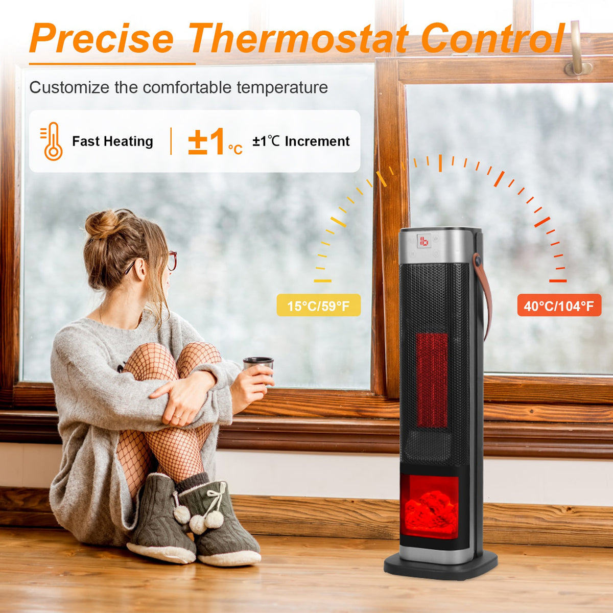 1500W ceramic tower heater with remote control featuring precise thermostat and flame effect