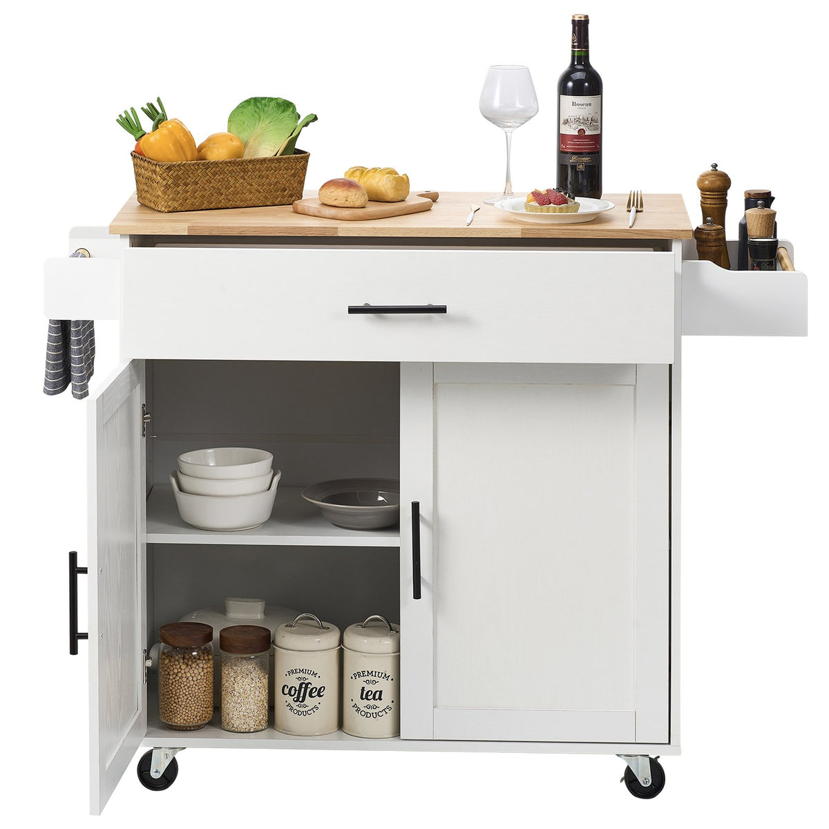 White rolling kitchen island with drop leaf displaying wood countertop, storage, and kitchen prep setup