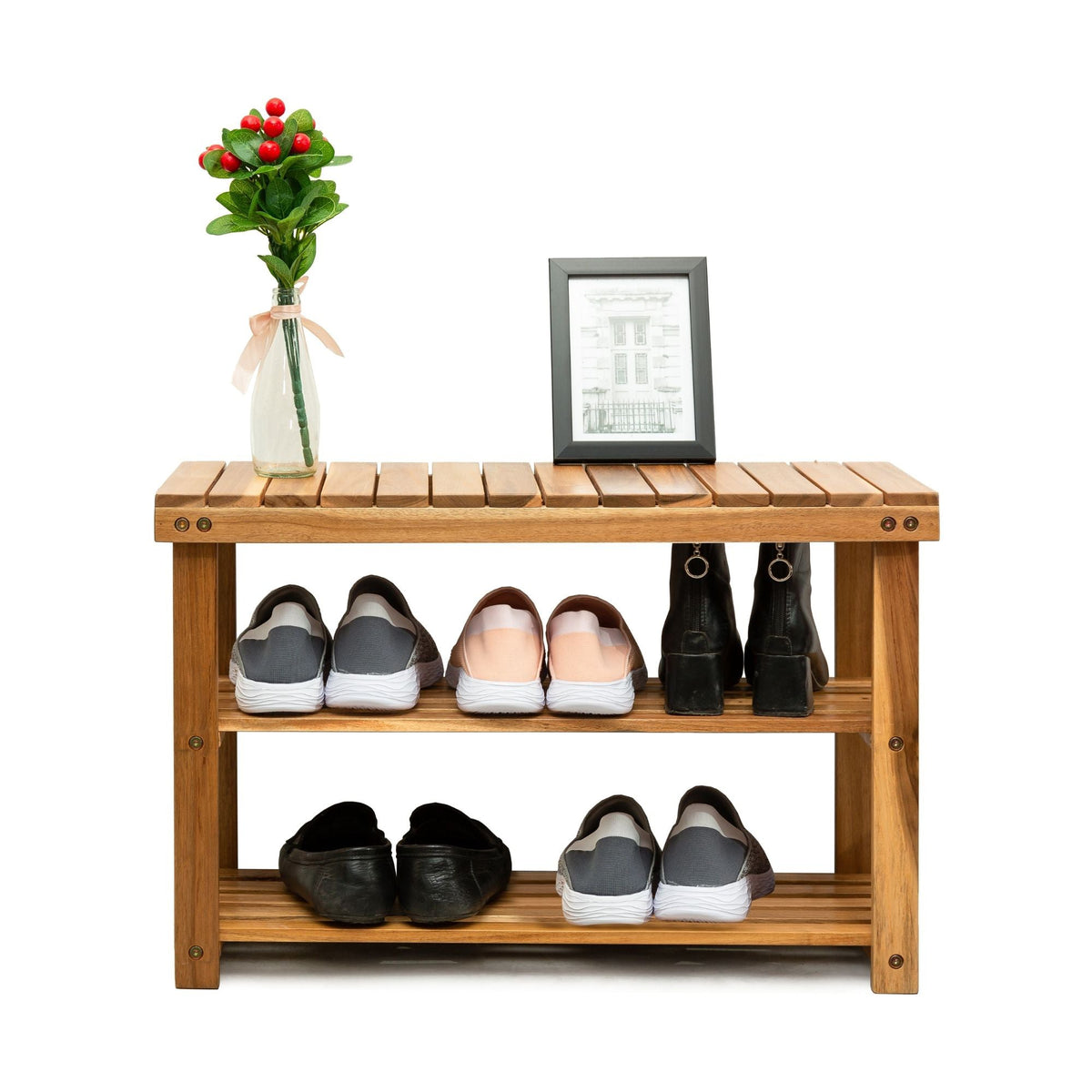 Acacia Wood Shoe Rack Bench – 2-Tier Entryway Storage