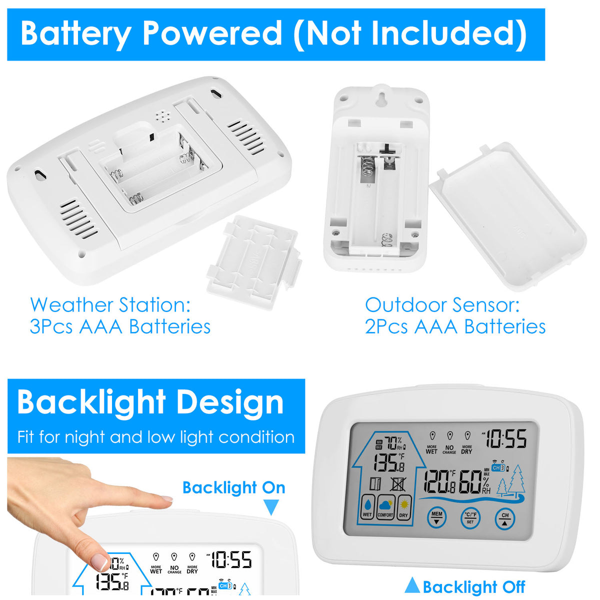 Weather station battery compartments and backlight on and off