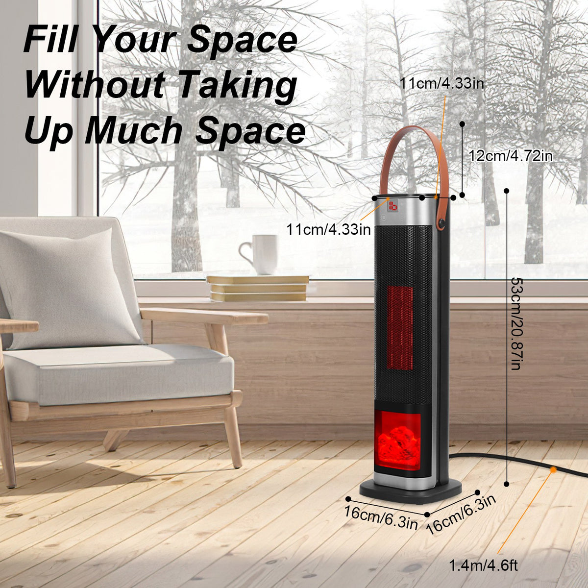 1500W ceramic tower heater with remote control and flame effect in modern living room with dimensions