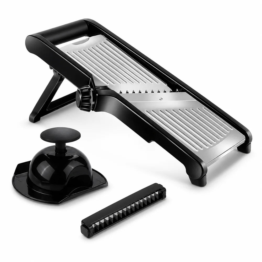 adjustable mandoline slicer with food holder for consistent vegetable slicing and meal prep