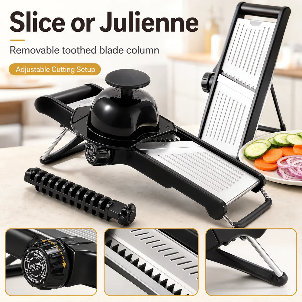 adjustable mandoline slicer with food holder showing removable blade and julienne cutting options for consistent vegetable slicing