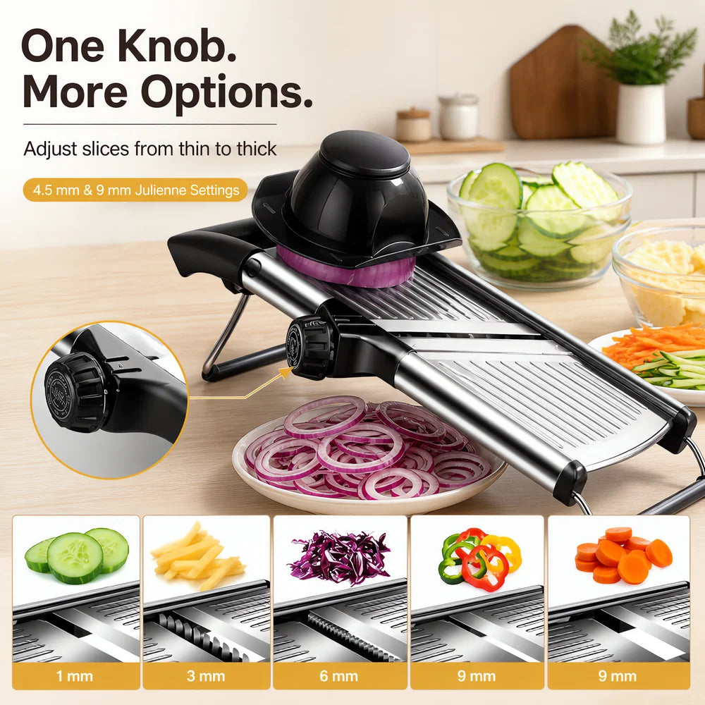Adjustable mandoline slicer with food holder showing one knob with multiple thickness settings from 1mm to 9mm, slicing cucumbers, onions, peppers, and carrots with julienne blade