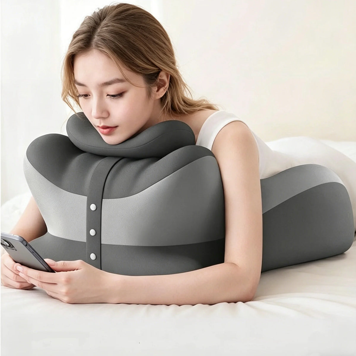 memory foam reading pillow with arm support in charcoal gray with woman reading on bed
