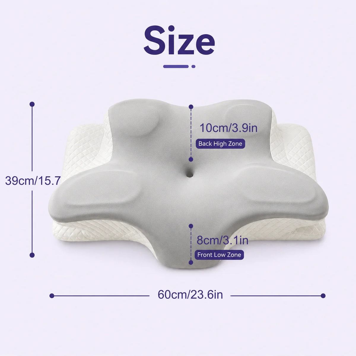 memory foam reading pillow with arm support size dimensions shown, 60cm wide by 39cm tall