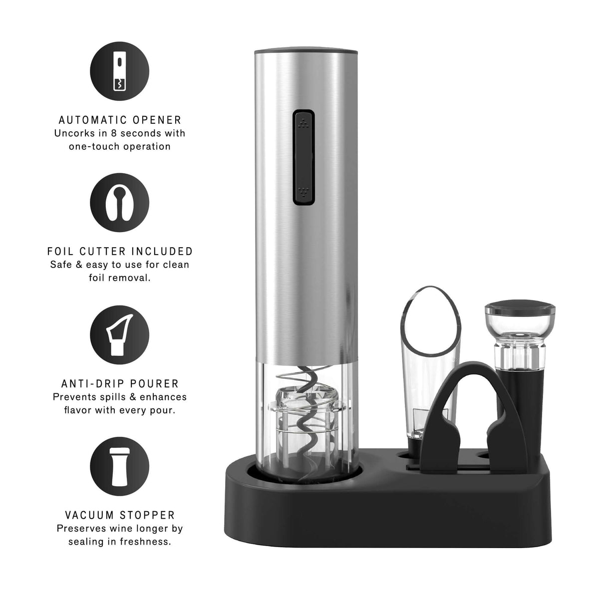 electric wine opener set rechargeable with foil cutter, pourer and stopper on charging base