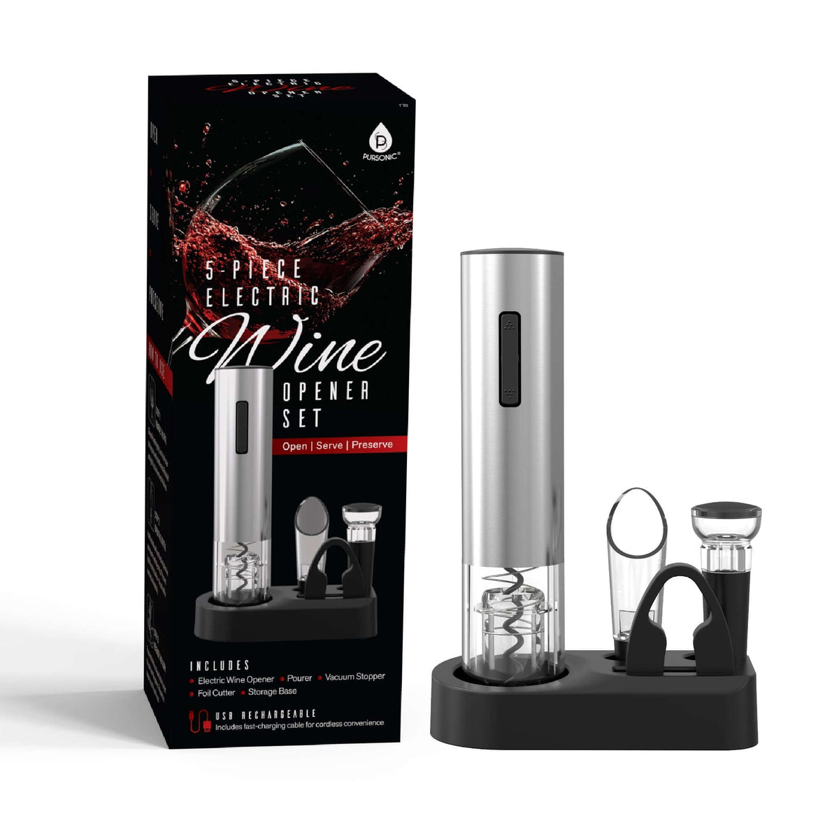 electric wine opener set rechargeable with foil cutter, pourer, stopper and charging base
