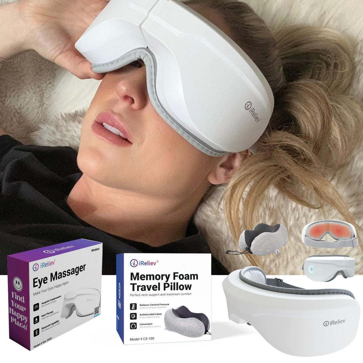 Relaxable eye massager with travel neck pillow bundle