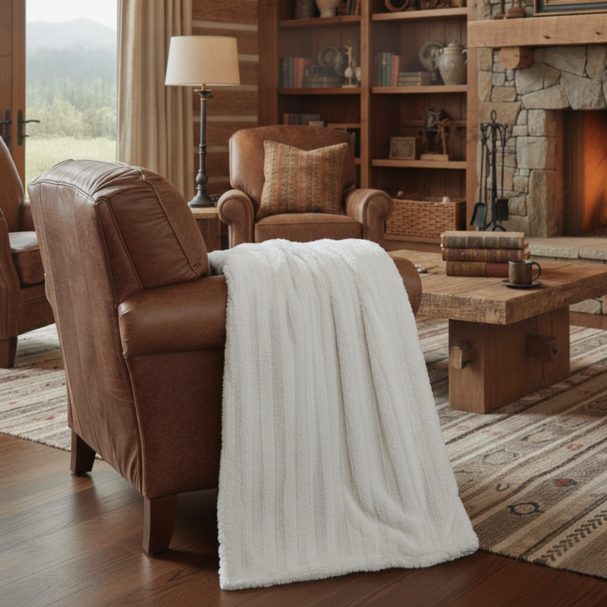 faux fur sherpa throw blanket in white ivory draped over brown leather chair in cozy living room