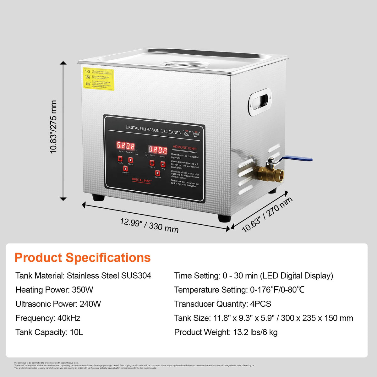 digital ultrasonic cleaner for jewelry with stainless steel tank, digital display and specifications showing 40kHz frequency and heating capability