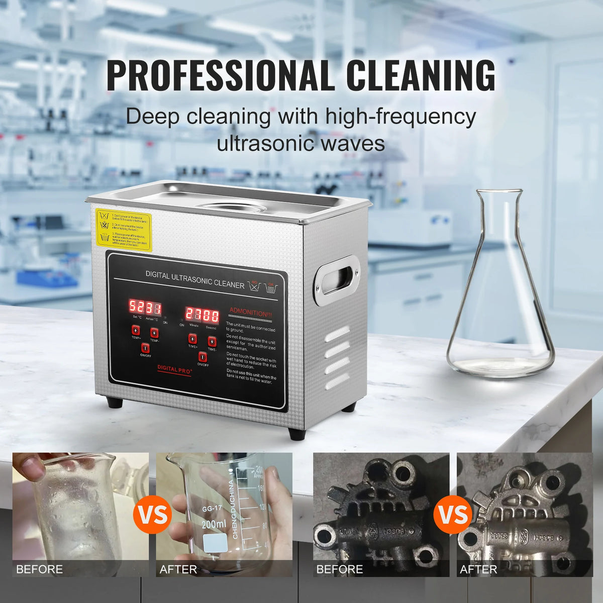 digital ultrasonic cleaner for jewelry displayed on counter with before and after cleaning results
