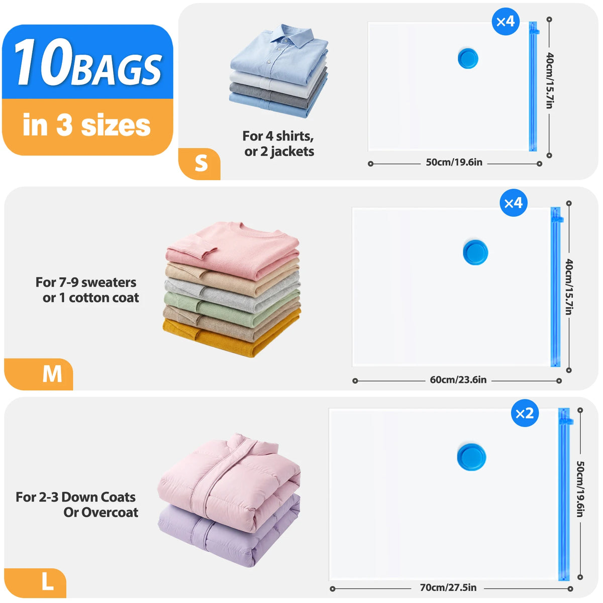 vacuum storage bags with rechargeable pump in 3 sizes for shirts, sweaters, and coats with dimensions