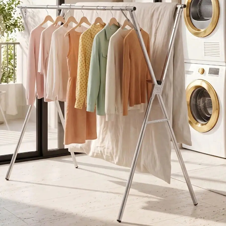 foldable stainless steel drying rack with multiple colorful clothes hanging, adjustable height, indoor and outdoor use