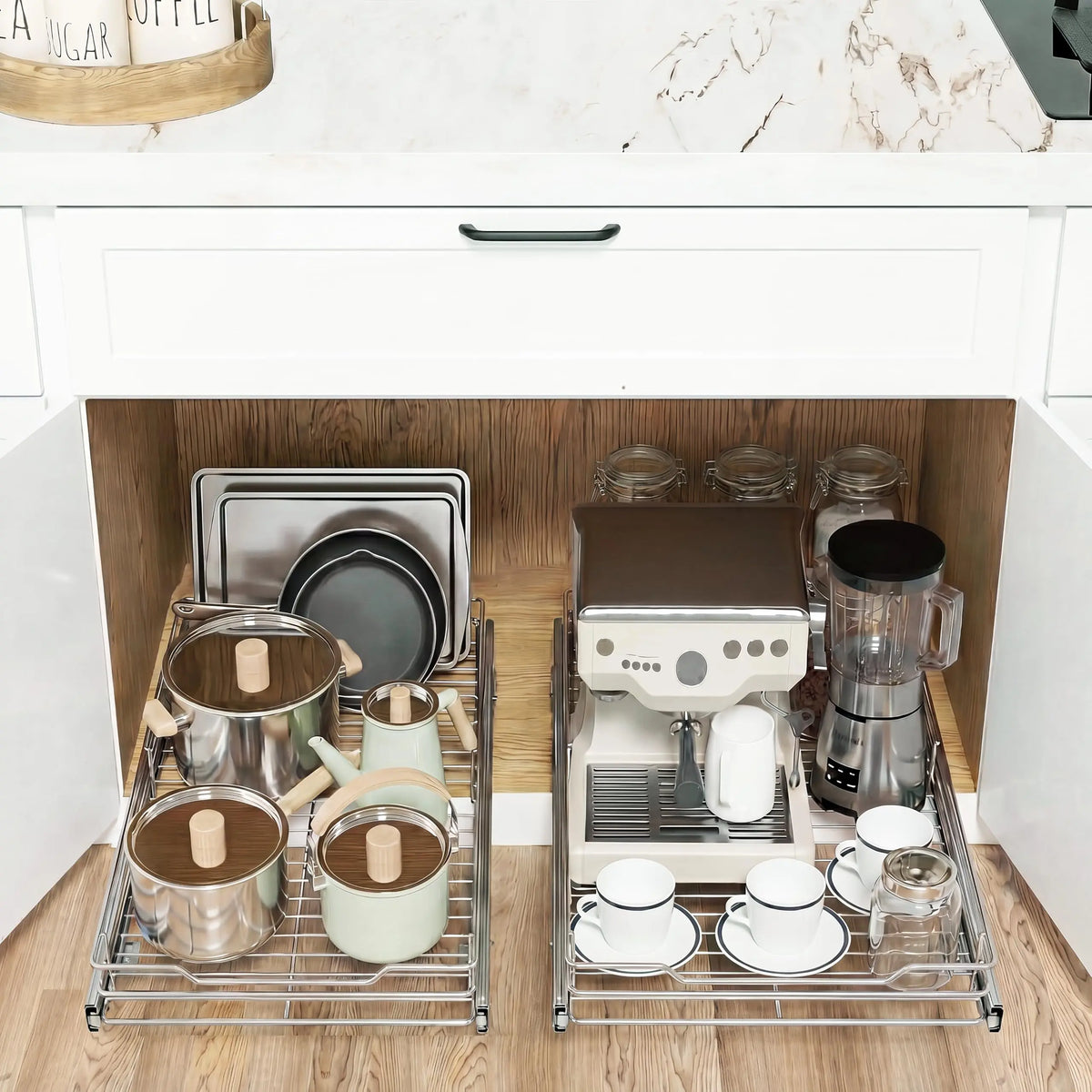 pull-out cabinet organizer with full-extension slides storing kitchen pans, mugs, coffee maker and dishes in white cabinet