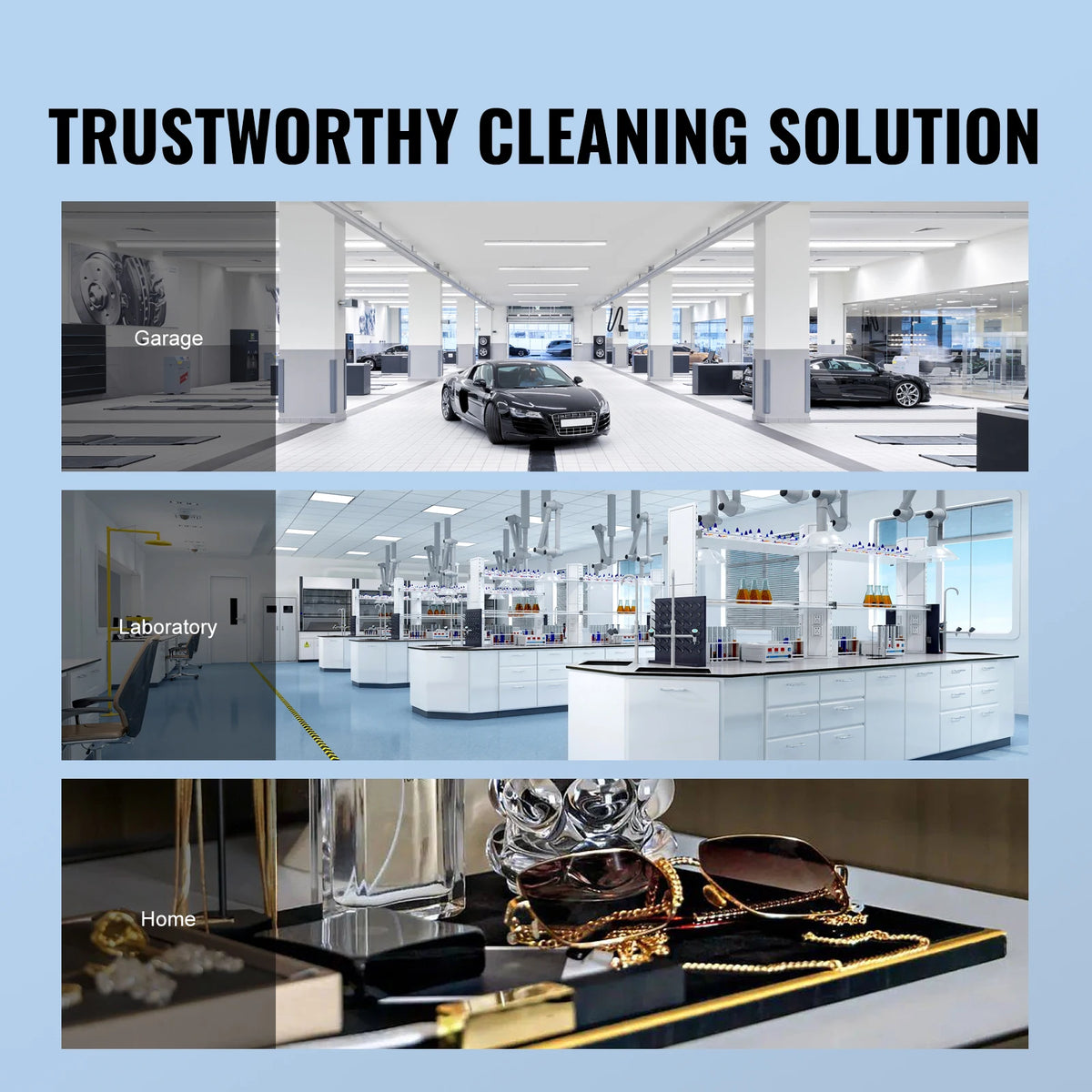 digital ultrasonic cleaner for jewelry shown in garage, laboratory, and home settings for cleaning various items