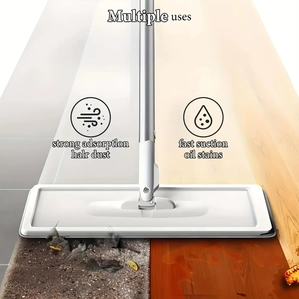 flat mop and bucket set with wringer shown cleaning multiple floor types with swivel head