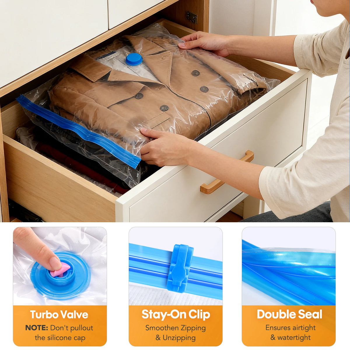 vacuum storage bags with rechargeable pump organizing sweaters and blankets in drawer