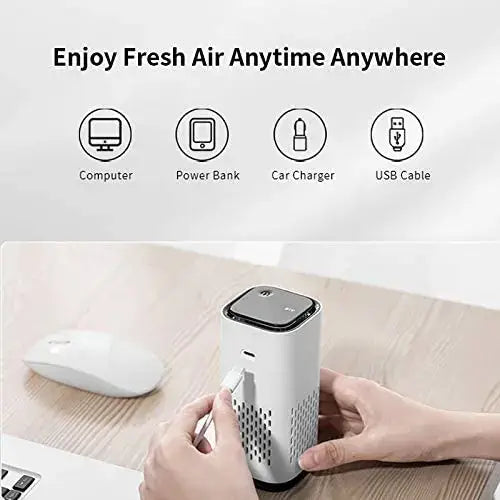Portable H13 HEPA air purifier for fresh air anywhere, connect to computer, power bank, or car charger.