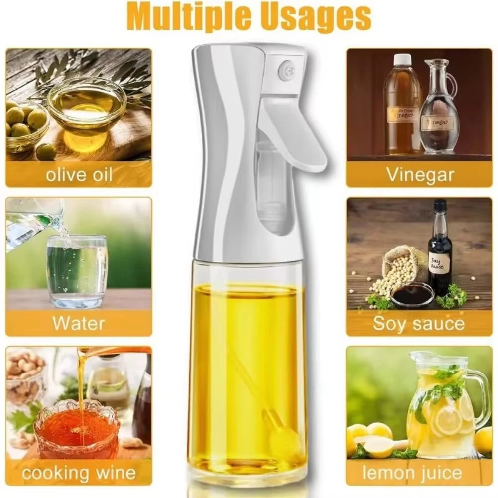 glass olive oil sprayer with multiple uses for olive oil, vinegar, water, cooking wine, soy sauce, and lemon juice