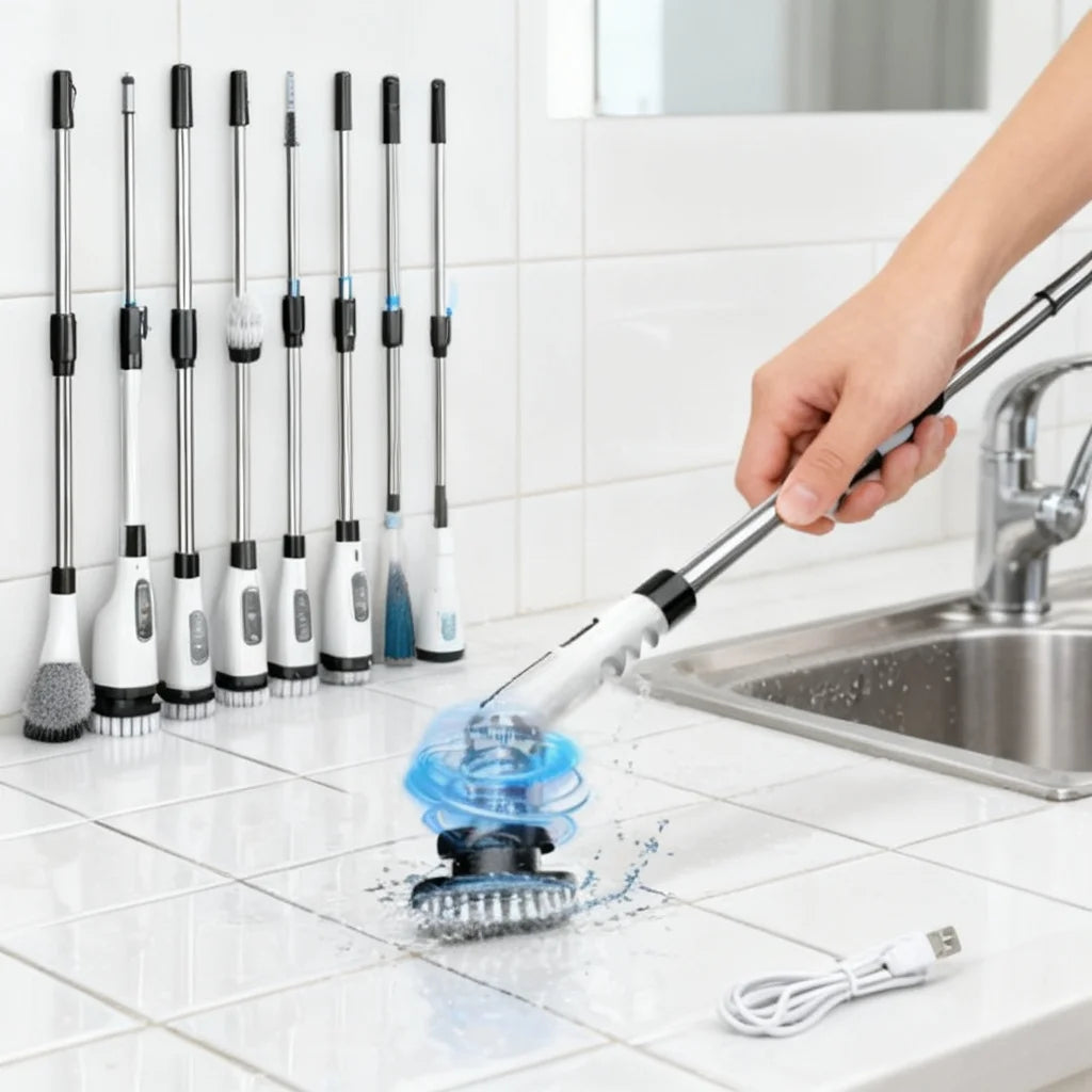 cordless spin scrubber with extendable handle cleaning bathroom grout and tile with rotating brush