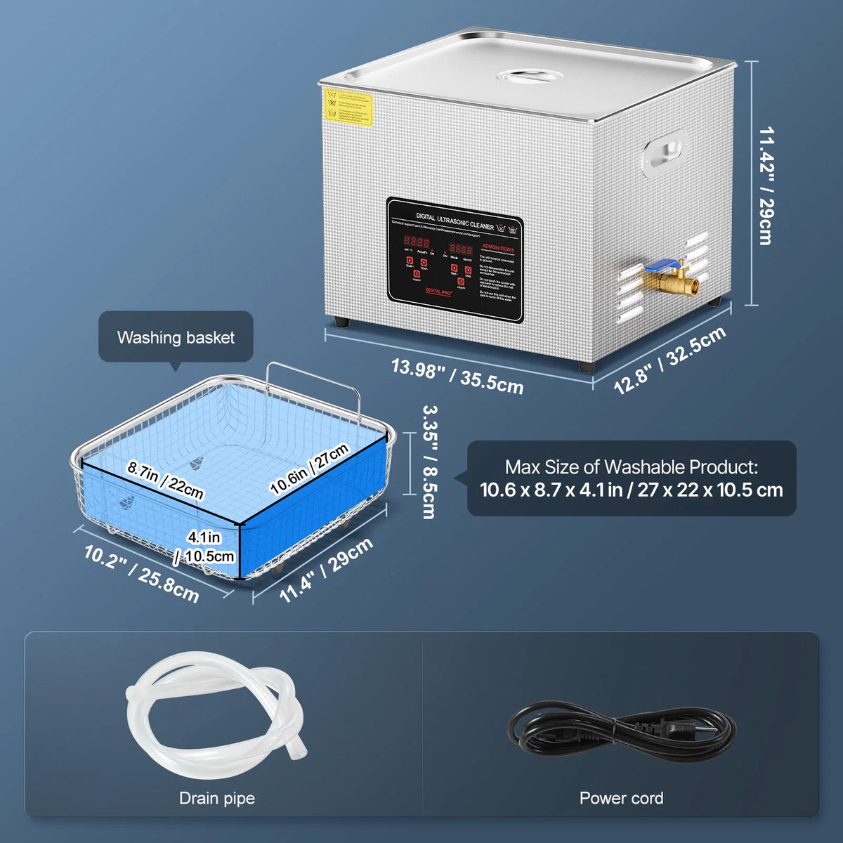 digital ultrasonic cleaner for jewelry with stainless steel tank, digital display, heating function, and included washing basket and drain pipe